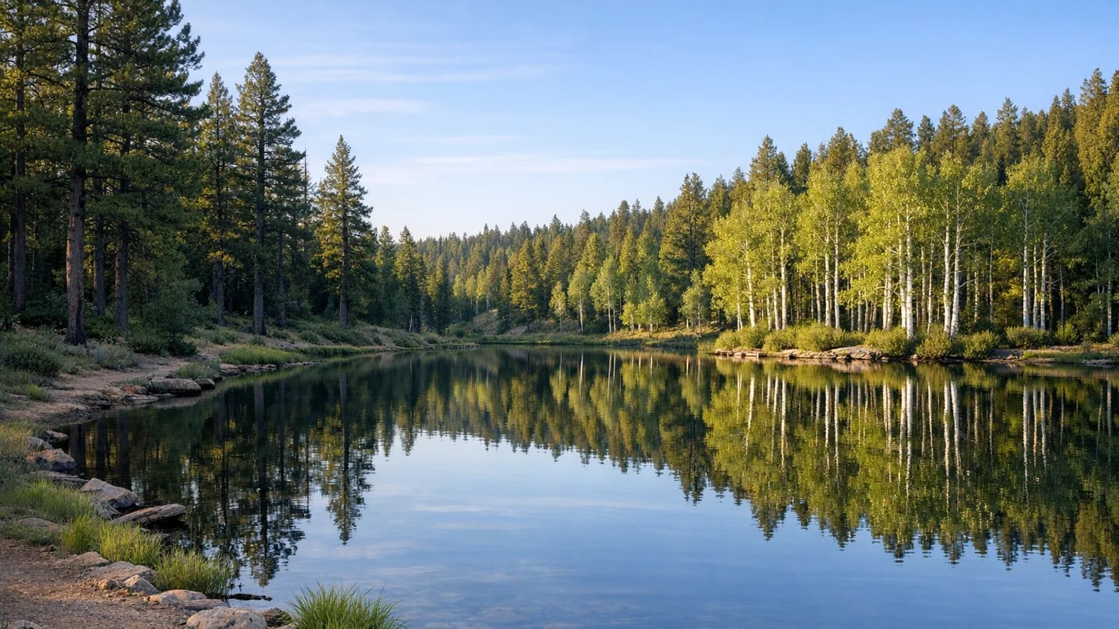 Aspen Mirror Lake reflecting aspens and pine trees